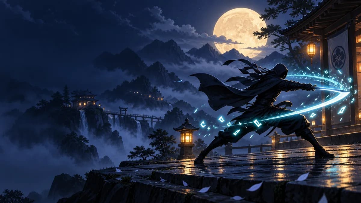 A fast runner making a bright practice-sword slash above a glowing mountain scene.